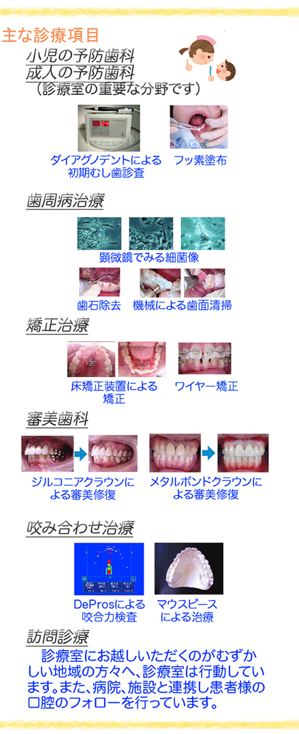 主な診療項目「小児の予防歯科」「成人の予防歯科」「歯周病治療」「矯正治療」「審美歯科」「咬み合わせ治療」「訪問診療」