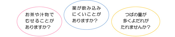 お茶や汁物でむせることがありますか？薬が飲み込みにくいことがありますか？つばの量が多くよだれがたれませんか？