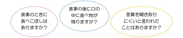 食事のときに食べこぼしはありますか？食事の後に口の中に食べ物が残りますか？言葉を聞き取りにくいと言われたことはありますか？