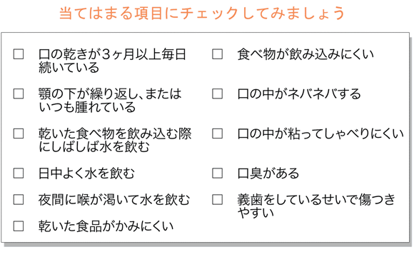 当てはまる項目にチェックしてみましょう

□　口の乾きが３ヶ月以上毎日
　　続いている

□　顎の下が繰り返し、または
　　いつも腫れている

□　乾いた食べ物を飲み込む際
　　にしばしば水を飲む

□　日中よく水を飲む

□　夜間に喉が渇いて水を飲む

□　乾いた食品がかみにくい

□　食べ物が飲み込みにくい

□　口の中がネバネバする

□　口の中が粘ってしゃべりにくい

□　口臭がある

□　義歯をしているせいで傷つき
　　やすい

